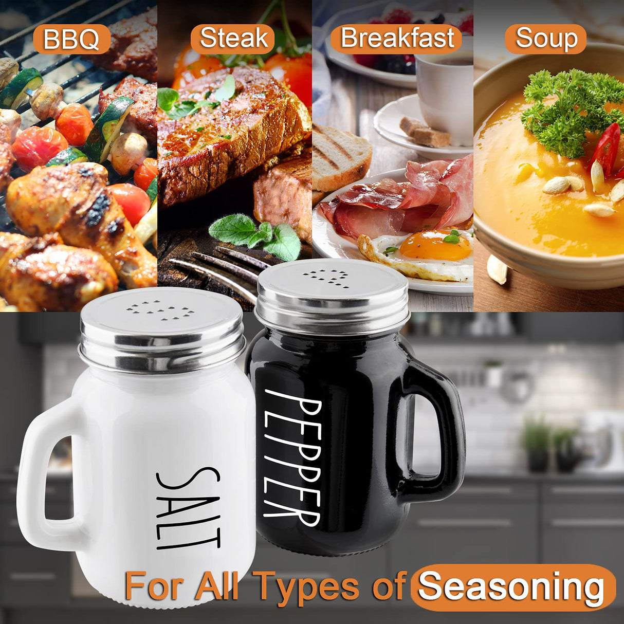 Salt and Pepper Shakers Set, ZOSUJO 4 oz Cute Salt Pepper Shaker, Kitchen Decor for Home Restaurants Wedding, Glass Black White Shaker Sets with Stainless Steel Lids ZOSUJO