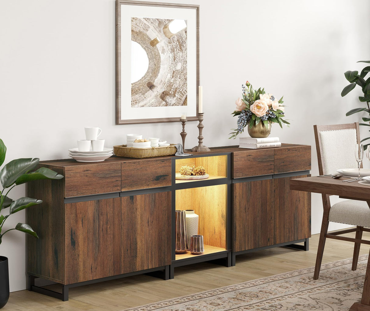 WAMPAT TV Stand for TVs up to 90 inch, 3 in 1 Modern Entertainment Center with Metal Base & 2 Adjustable Shelves, TV Console for Living Room,Brown WAMPAT