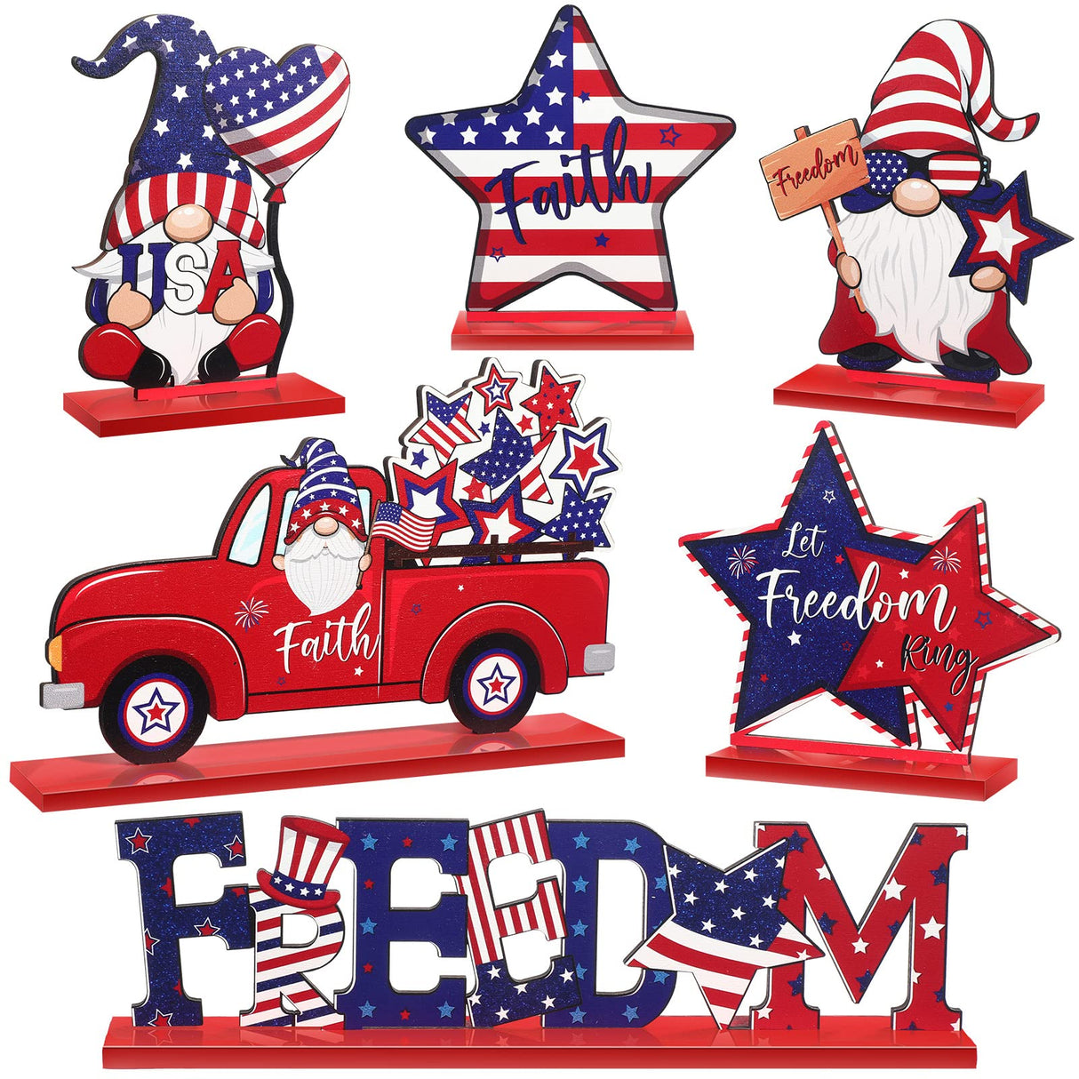 Qunclay 6 Pieces Patriotic Table Decor Memorial Day Table Decorations Wooden Gnome Freedom Truck Star 4th of July Table Signs for Veterans Day Independence Day Table Topper Decor Supplies (With Base) Qunclay