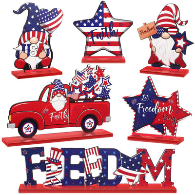 Qunclay 6 Pieces Patriotic Table Decor Memorial Day Table Decorations Wooden Gnome Freedom Truck Star 4th of July Table Signs for Veterans Day Independence Day Table Topper Decor Supplies (With Base)