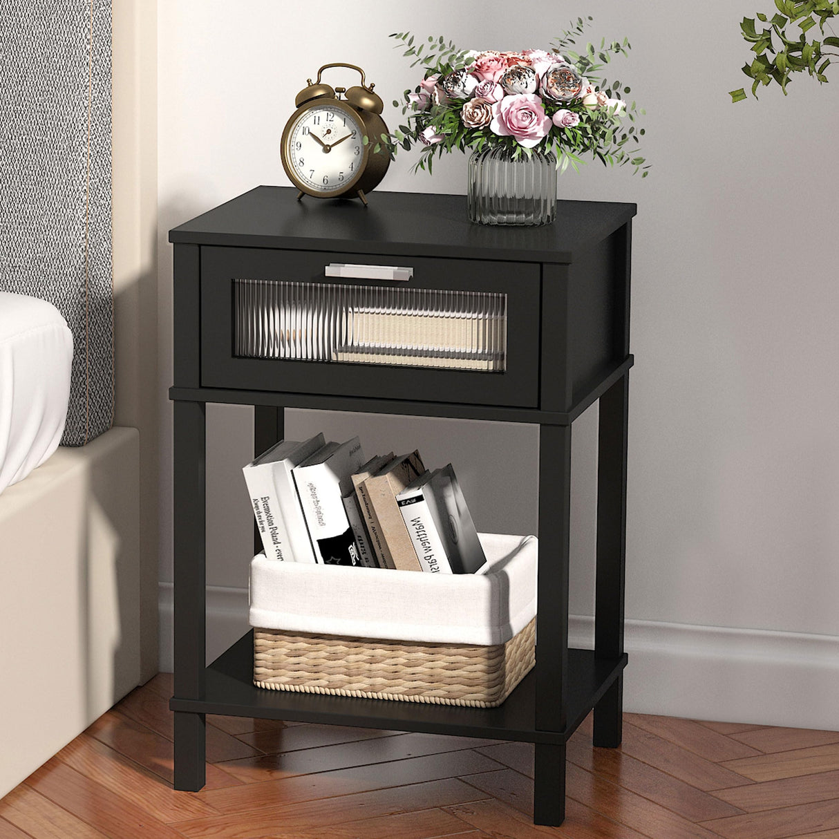 Nightstand Wooden Bedside Table with Drawer Black Night Stands Modern Style Small End Table Side Table with Storage Shelf for Bedroom Living Room MLBZ10B MMEOLUOOK