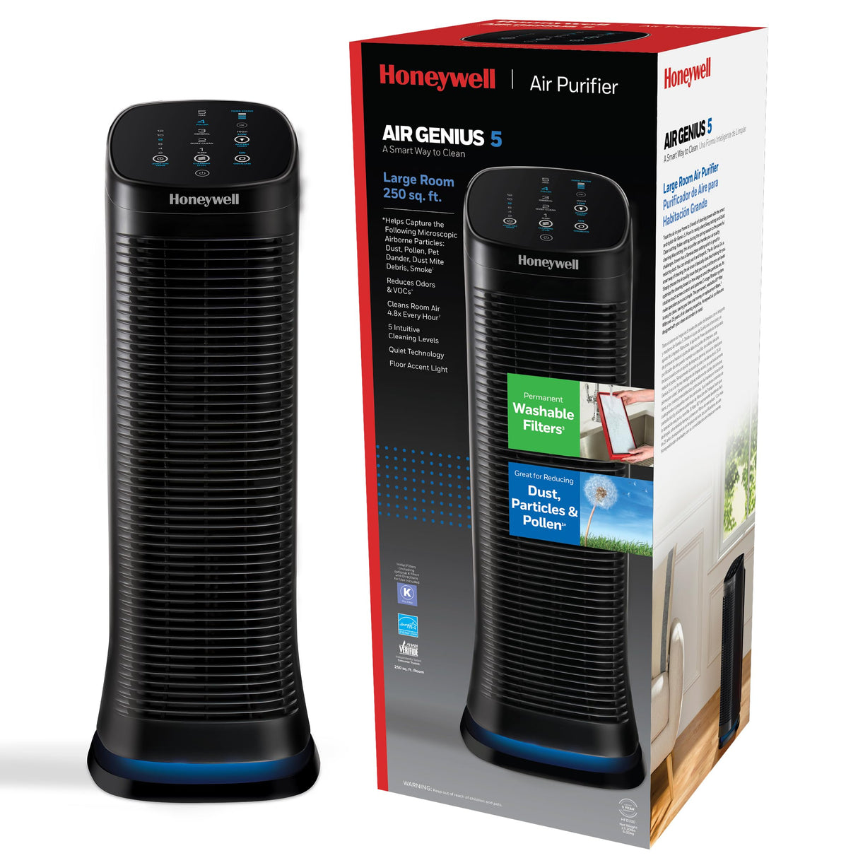 Honeywell Air Genius 5 Air Purifier with Permanent, Washable Filter, for Large Rooms, Reduces Smoke, Wildfire Smoke, Dust, Pollen, Pet Dander and More, Black, HFD320 Honeywell