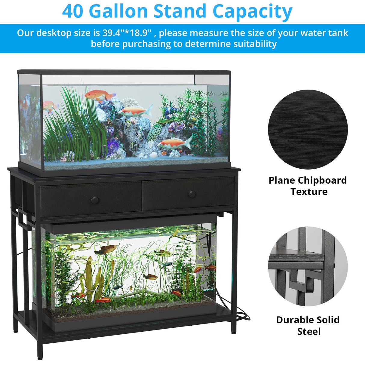 VOWNER 40 Gallon Aquarium Stand with Power Outlet, Metal Frame Fish Tank Stand with Cabinet Storage, Double Turtle Reptile Terrariums Tank Stand, 39.4" L*18.9" W Tabletop, 660LBS Capacity, Black VOWNER