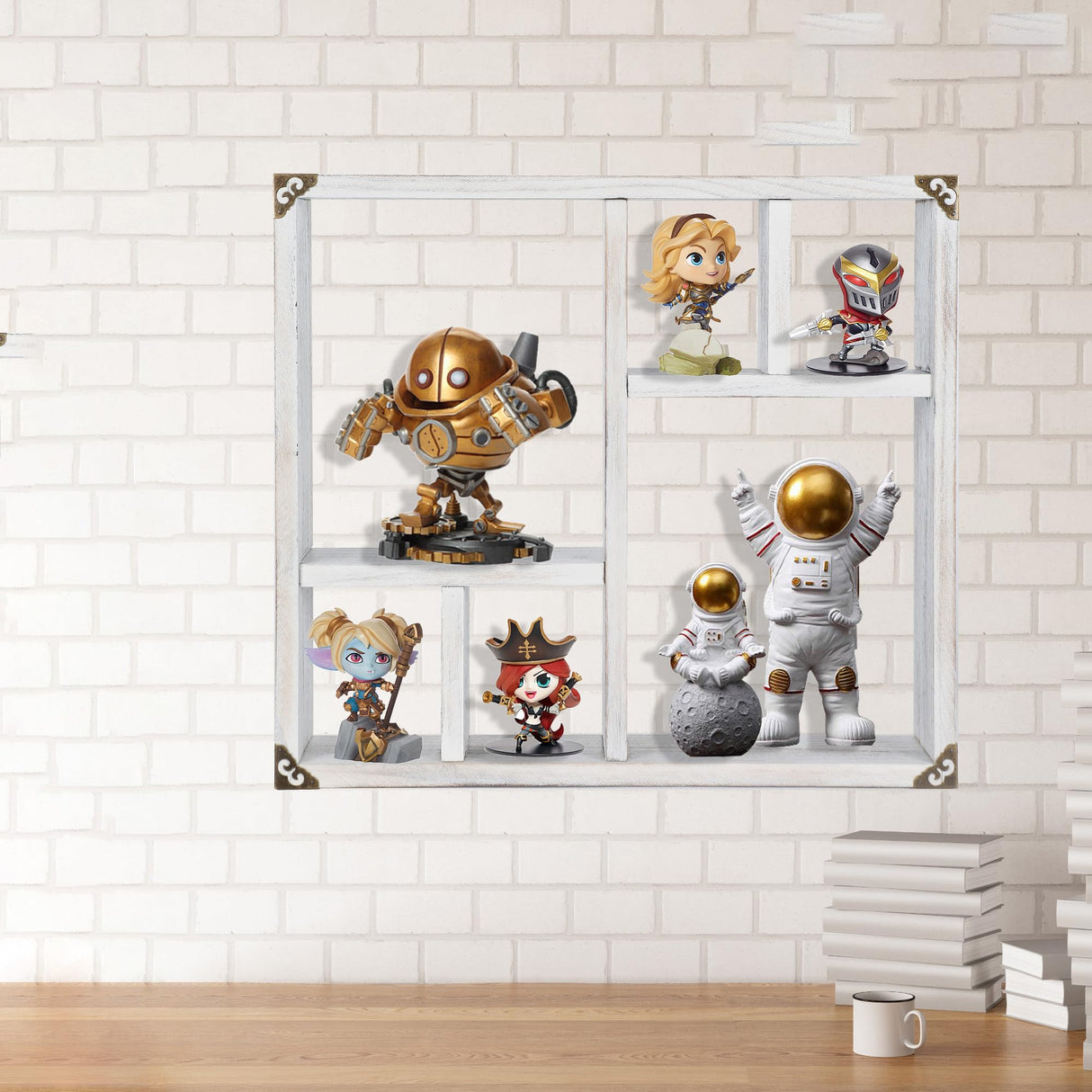 MITREL 17.7x15.7-Inch Shadow Box Display Shelf,6-Slot Rustic Floating Shelves,Larger Wood Trinket Shelf Freestanding Farmhouse Curio Shelf(6C-Rustic White) MITREL