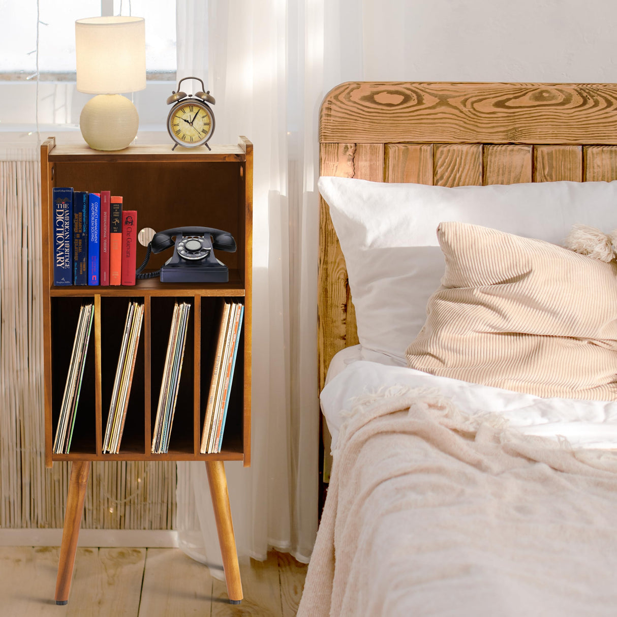 Wooden LP Record Player Stand, 3-Tier Turntable Stand Cabinet Holds up to 100 Albums, Metal Record Storage Holder and Organizer Table, Mid-Century Modern Record Player Holder for Living Room & Bedroom 2BHOME