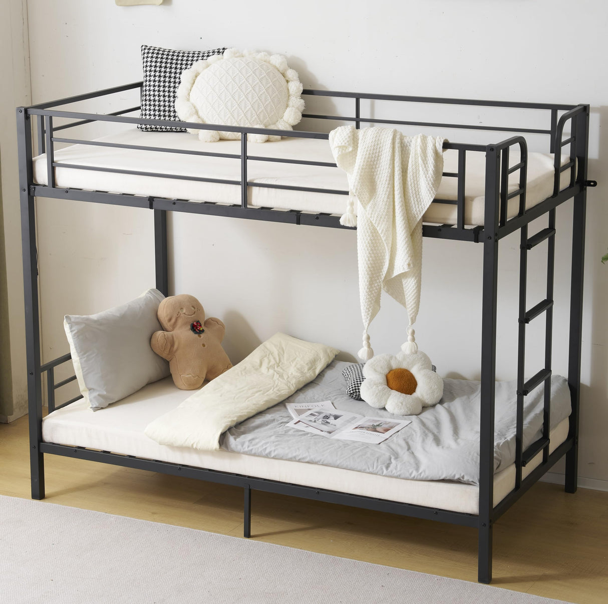 VINGLI Metal Bunk Bed Frame Twin Over Twin with LED Lights, Non-Slip Ladder, Full Length Guardrail, Charging Station, for Kids, Teens & Adults, Space-Saving, No Box Spring Needed, Black VINGLI