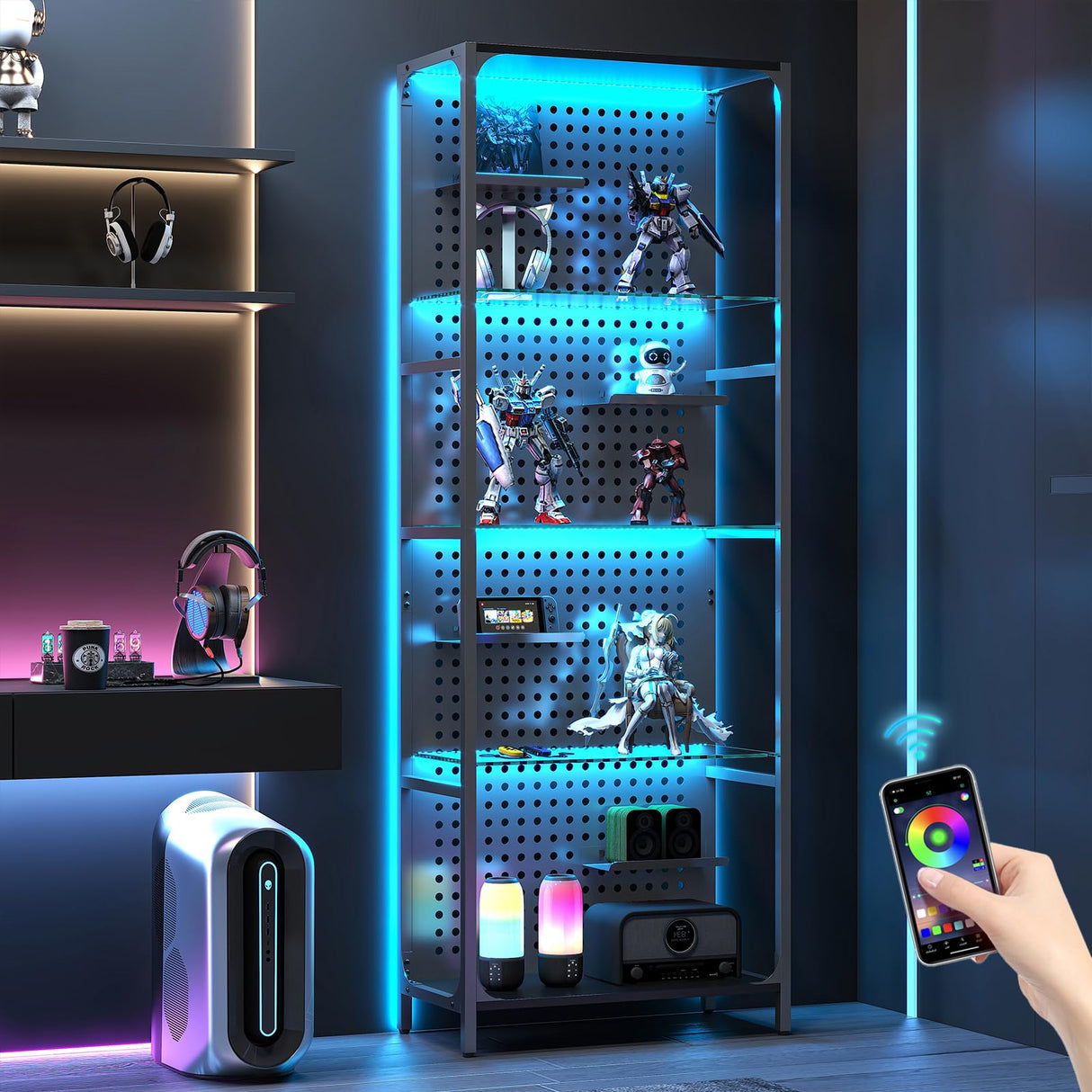 Saudism Glass Display Shelf for Collectibles, LED Black Shelf, Curio Cabinet, Lighted Tall Narrow Shelf with Pegboard Steel Frame for Gaming Room, Floor Lamp with Shelf, Living Room, Bedroom, Large Saudism