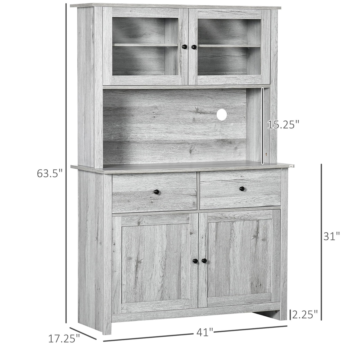 HOMCOM 63.5" Kitchen Buffet with Hutch, Pantry Storage Cabinet with 4 Shelves, Drawers, Framed Glass Doors, Open Microwave Countertop, Ash Grey HOMCOM