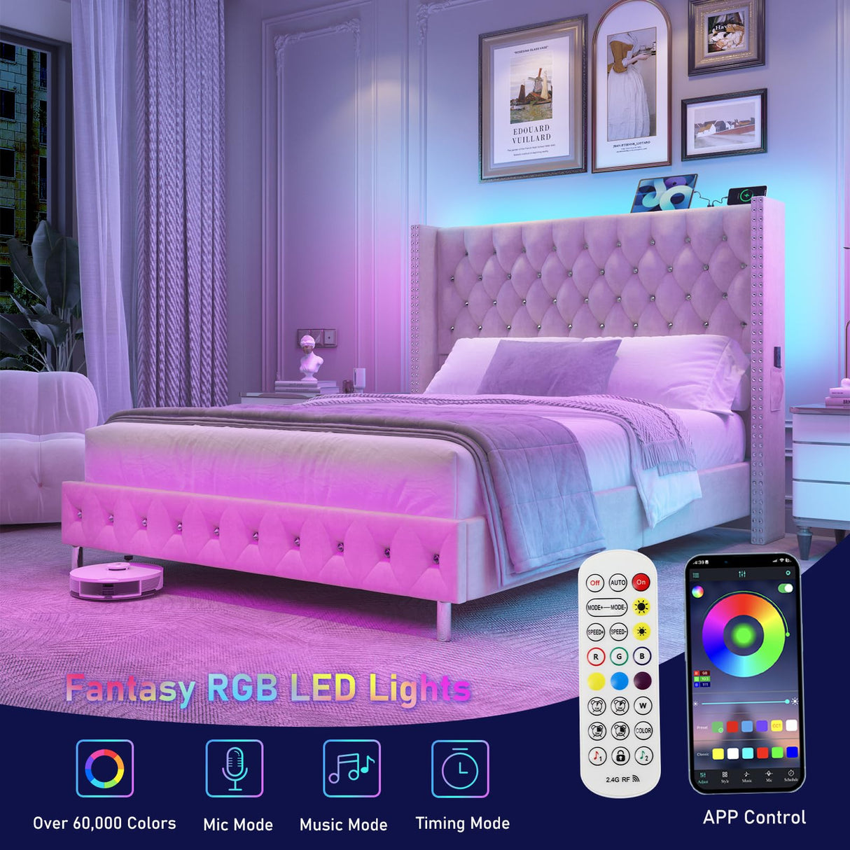 Queen Velvet Upholstered Bed Frame with Wingback Headboard, LED Lights, USB & Type-C Ports, Cream Hlivelood