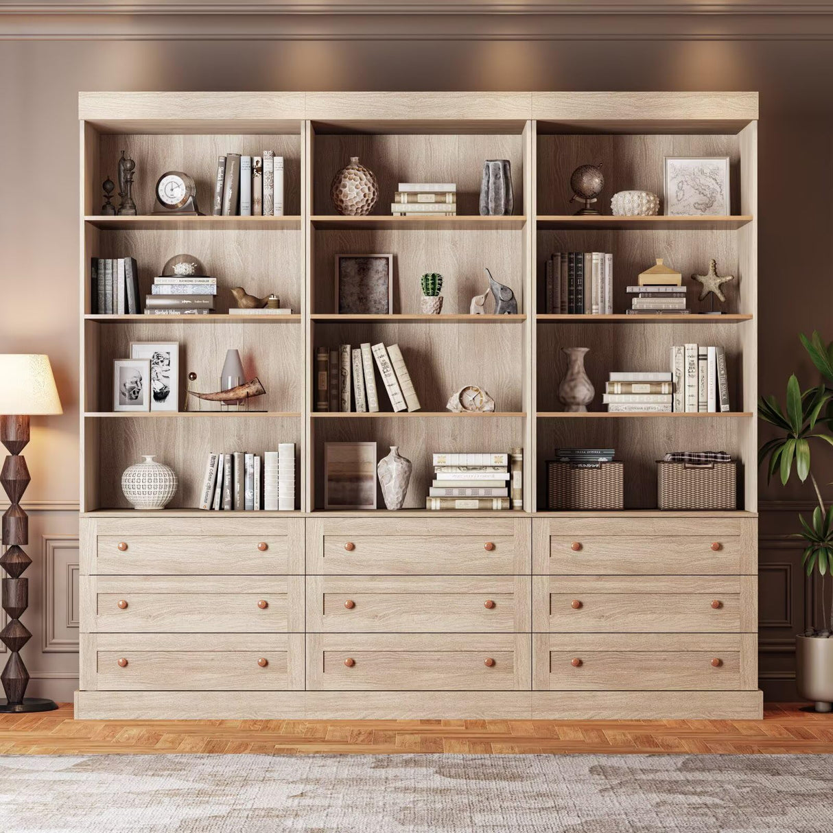 Vyre 71" Tall Farmhouse Bookshelves with Drawers, Set of 3 – Large Modular Bookcase with Adjustable Shelves, Storage Cabinet for Living Room, Kitchen, Home Office, Brown Vyre