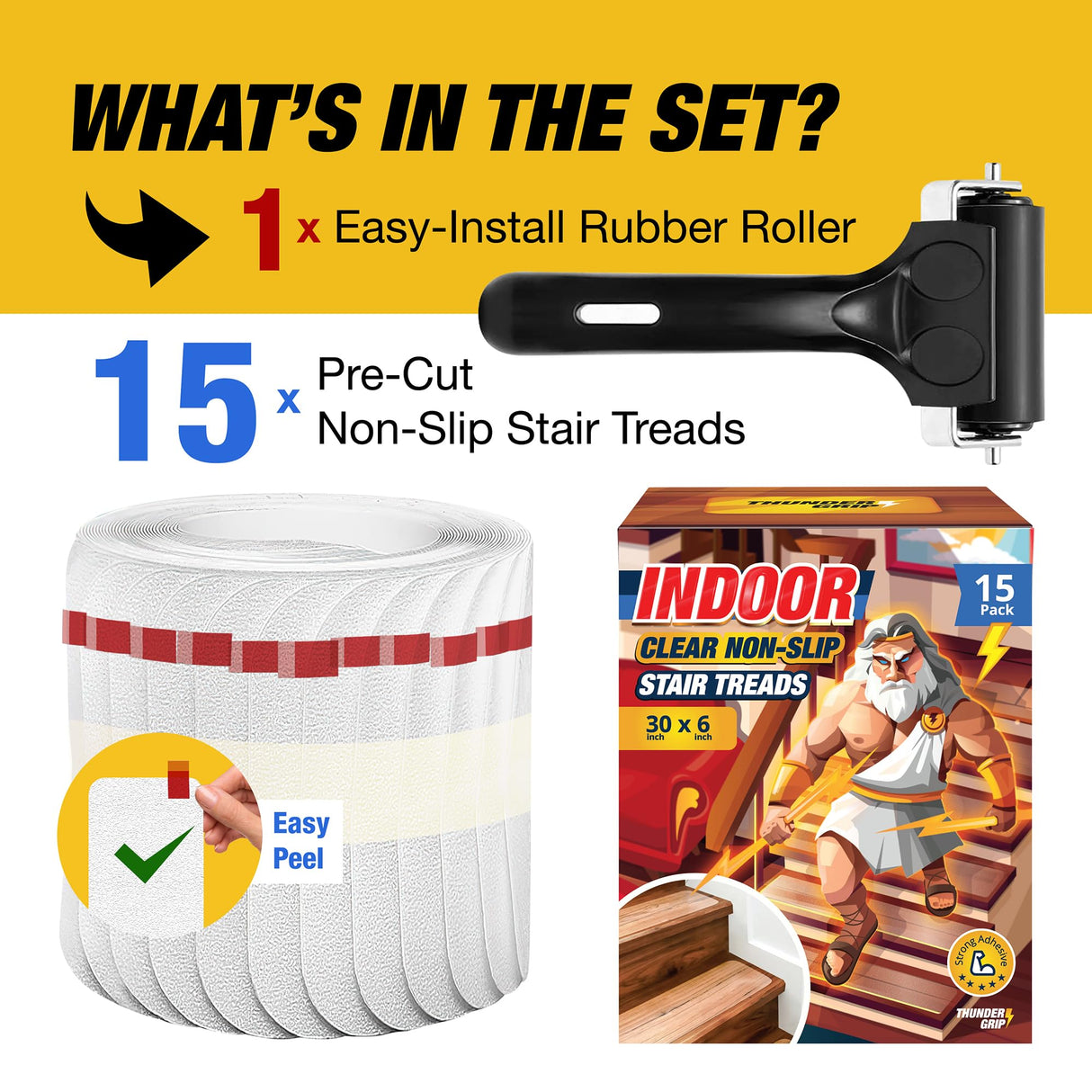 Clear Stair Treads Non-Slip 30"x6" - 15-Pack Indoor Stair Grips Non Slip for Wooden Steps - Anti Slip Adhesive Strips for Dogs & Elderly - Staircase Step Treads - Transparent Treads for Wood Stairs THUNDER GRIP