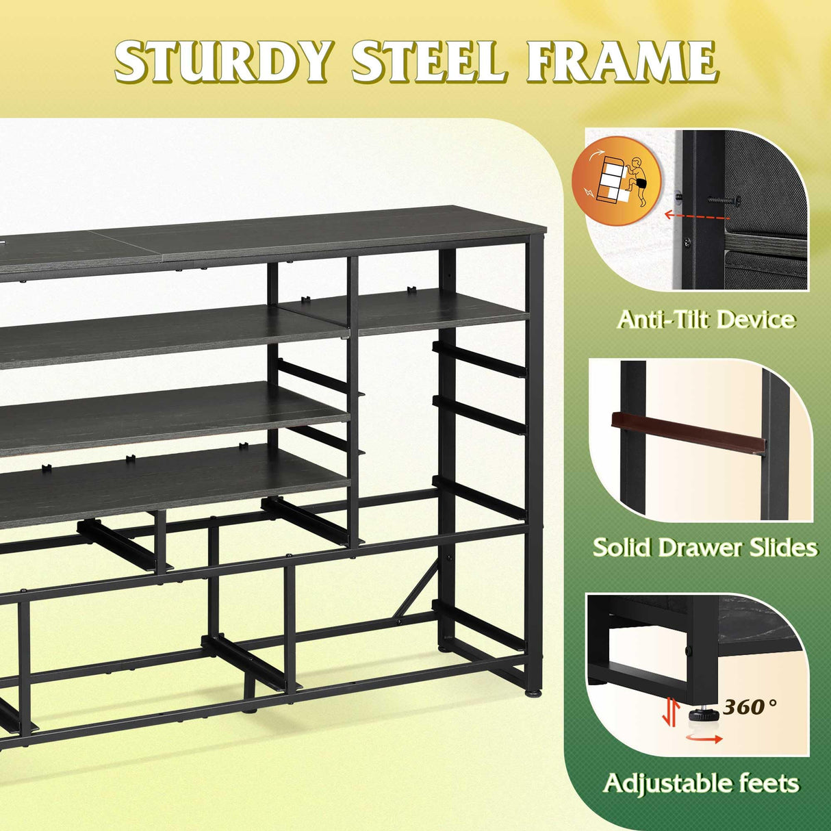 WLIVE Black TV Stand for 55, 60, 65 inch TV, Entertainment Center with LED Lights & Charging Station, TV Media Console Table with 15 Fabric Drawers and Open Shelves for Living Room, Hallway, Wood Top WLIVE