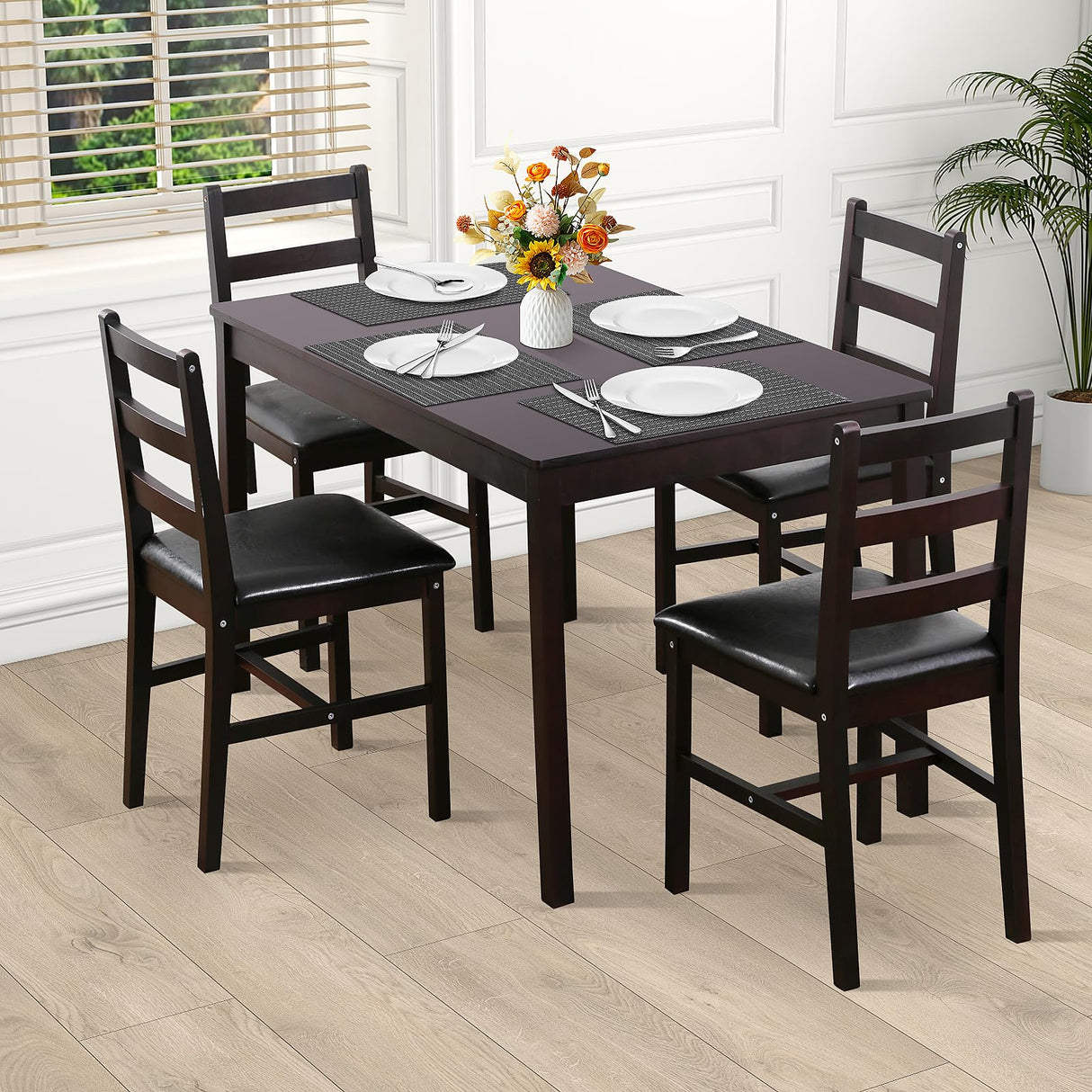Kitchen Table Set 5 Piece Dining Table Set Sturdy Wooden Square Table and Chair Breakfast Table Set for 4 Person, Small Dining Room Table Set for Restaurant Home Kitchen Living Room, Brown Pazidom