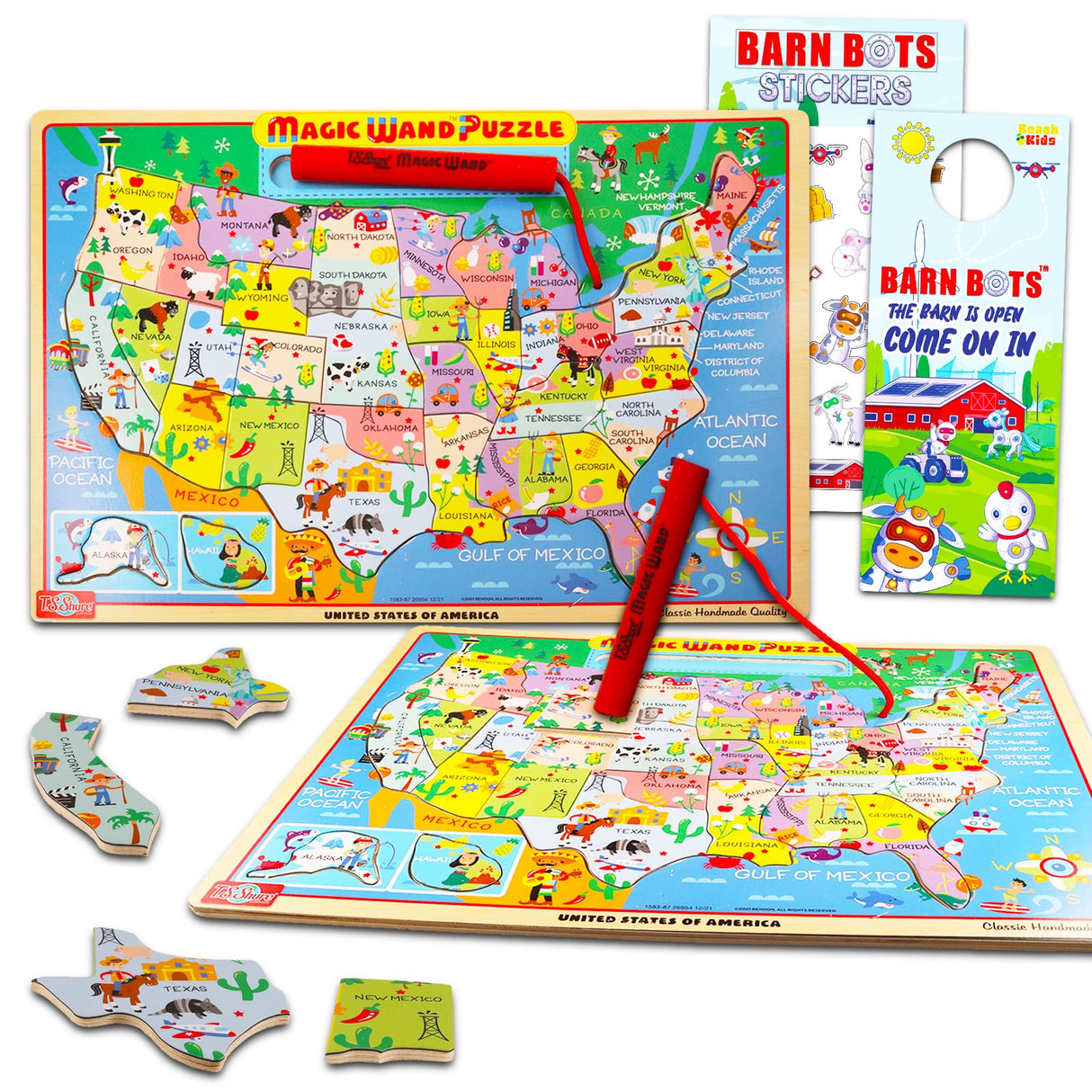 USA Magnetic Wand Map Puzzle - Wood Toy Bundle with Magnetic Wood United States Jigsaw for Boys and Girls Plus Stickers, More | Magnetic Puzzle Map Bendon