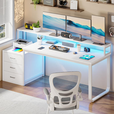 HOMBCK 67” White Desk with 3 Drawers and Storage, Reversible White Office Desk Computer Desk with Monitor Stand, Home Office Desk with LED Strips and Printer Standfor Bedroom