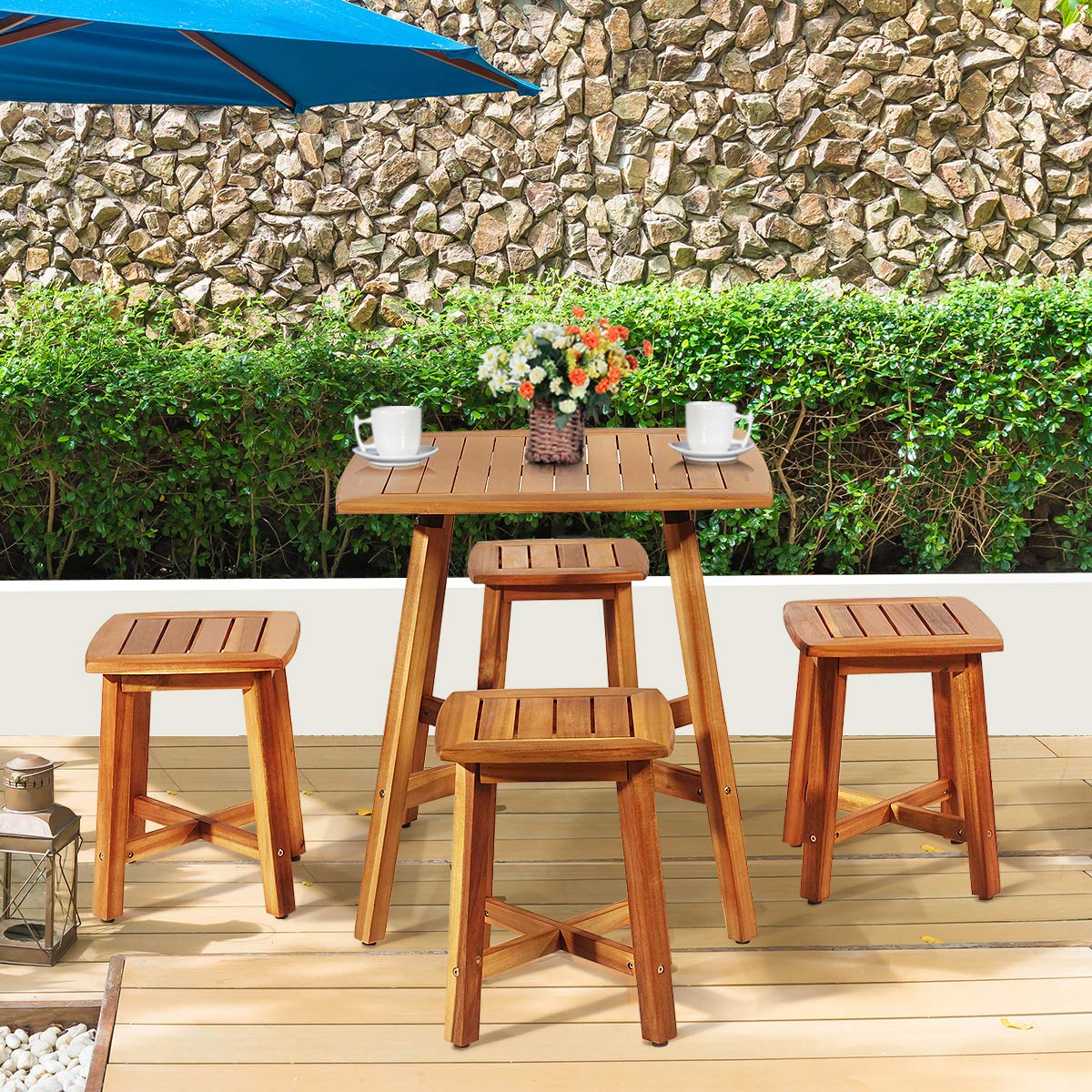 Tangkula 5 Piece Wood Patio Dining Set, Outdoor Dining Furniture w/Square Table & 4 Stools, Garden Conversation Dinging Set for Porch, Backyard, Balcony, Poolside, Reddish Brown Tangkula