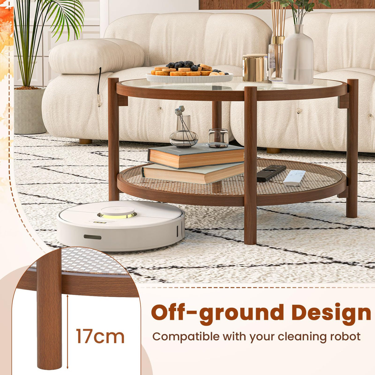 Giantex Rattan Coffee Table, Boho Round Glass Tea Table with PE Rattan Storage Shelf & Wood Frame, 2 Tier Accent Center Table for Living Room, Apartment, Small Space Giantex