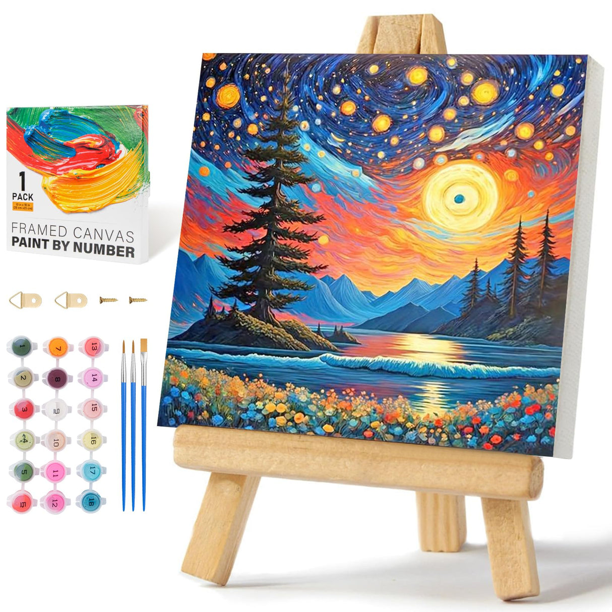 Framed Paint by Numbers Kit for Adults Beginners & Kids Ages 8-12, Starry Night Acrylic Easy Paint by Number with Frame, Watercolor Paint by Number Kits on Canvas Framed (10 * 10 Inch, without Easel) Offito