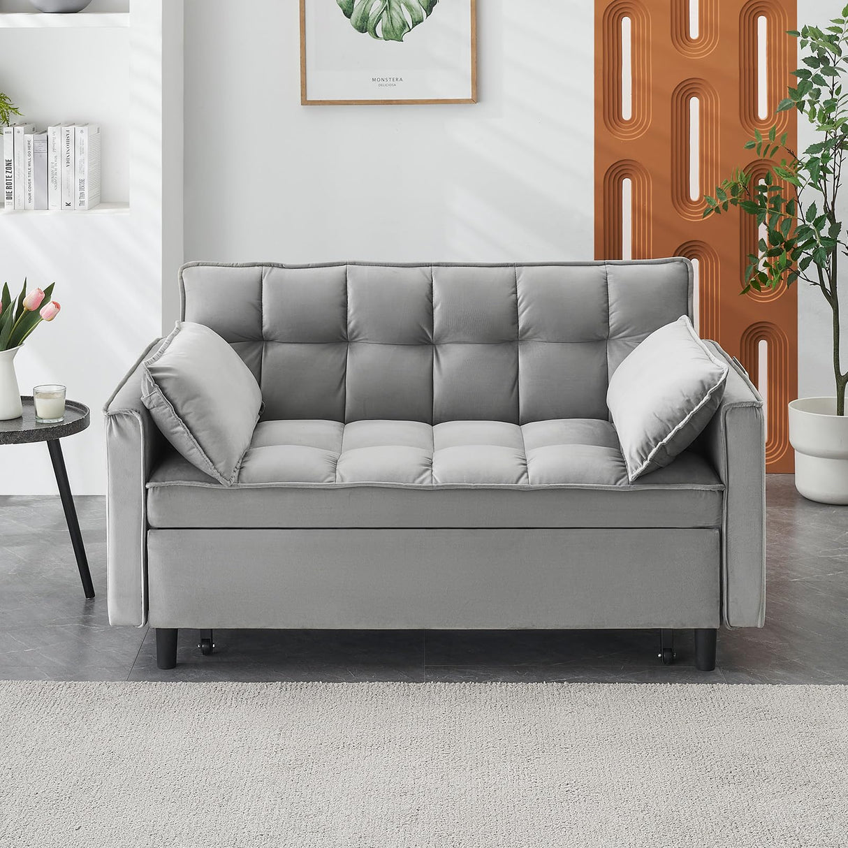 3 in 1 Convertible Sleeper Sofa Bed, Modern Velvet Loveseat Pull-out Sofa Couch w/Pullout Bed, Small Love Seat Lounge Sofa w/Reclining Backrest,Toss Pillows, Pockets, for Living Room (Grey, 55.1) CAPCAEK