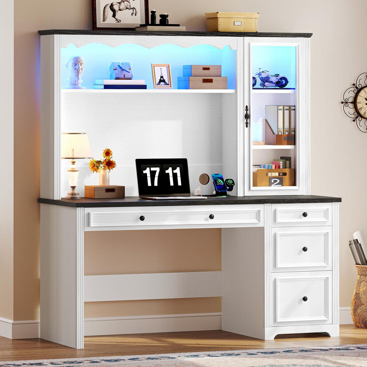YITAHOME Executive Desk with Hutch and Drawers, Farmhouse Wood Computer Desk with Power Outlet & LED Lights, Home Office Desks with Storage Shelves, Storage Cabinet with Glass Door, White & Black YITAHOME