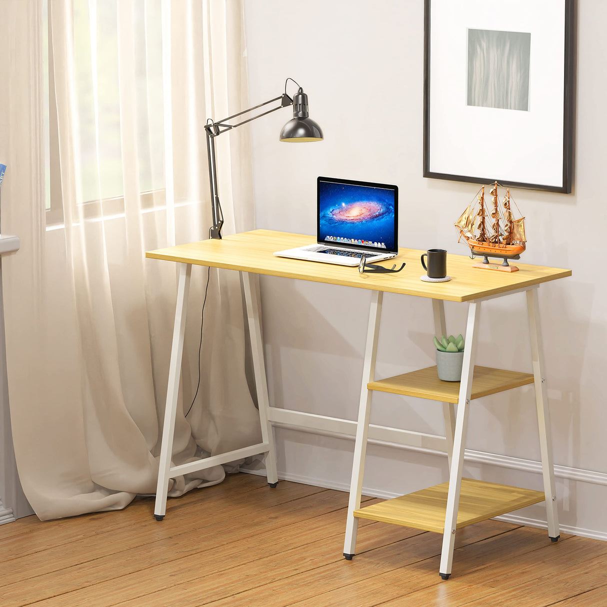 SHW Trestle Home Office Computer Desk, Oak SHW