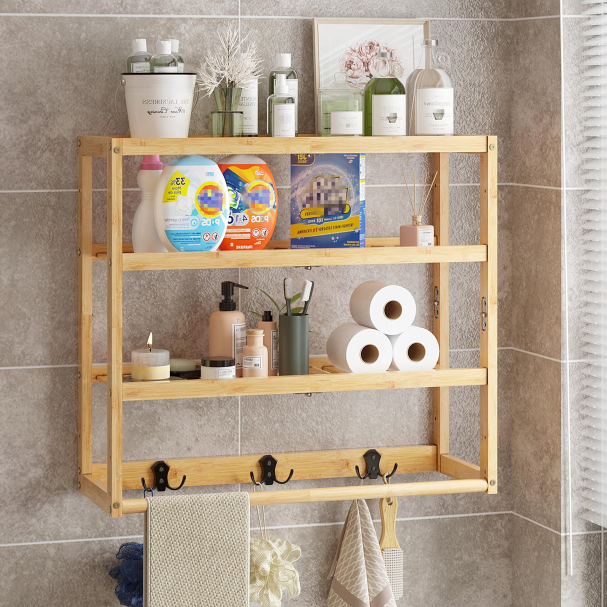 AMBIRD 3-Tier Bamboo Bathroom Shelf with Adjustable Height and Hooks AMBIRD