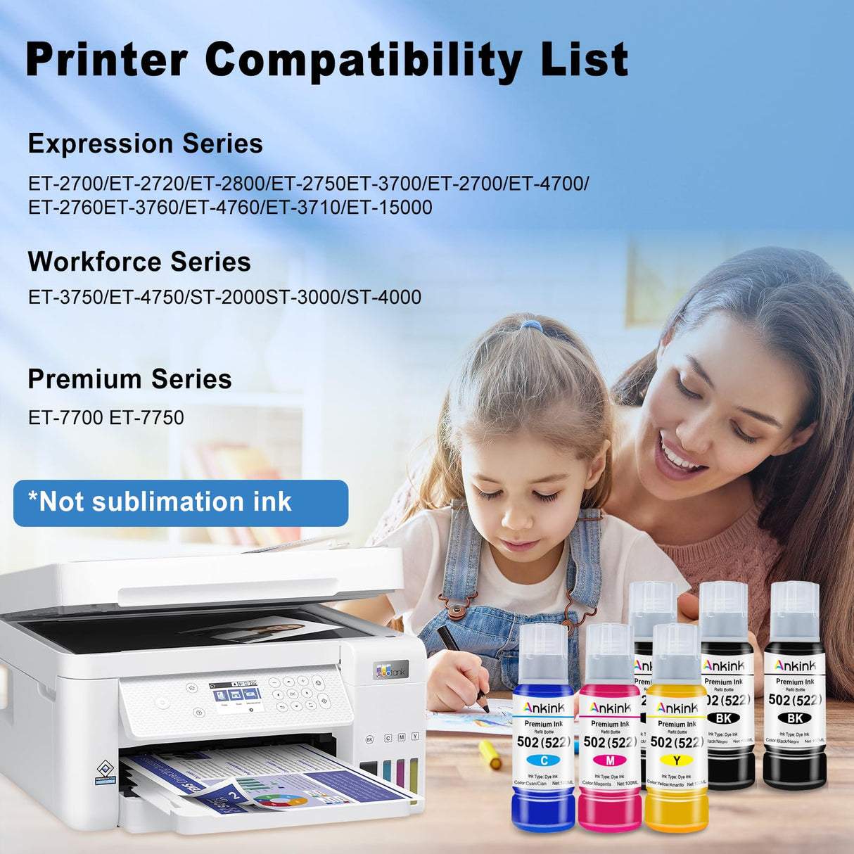 Ankink 502 T502 Ink Refill Bottles Replacement for Epson Ecotank ET 2850 ET-2760 ET-4760 ET 2750 ET-3760 ET-15000 ET-4850 ET-3710 ET-3850 ET-3750 ET-3830 ST-4000 ST-2000 Printer (3BK C M Y) Ankink