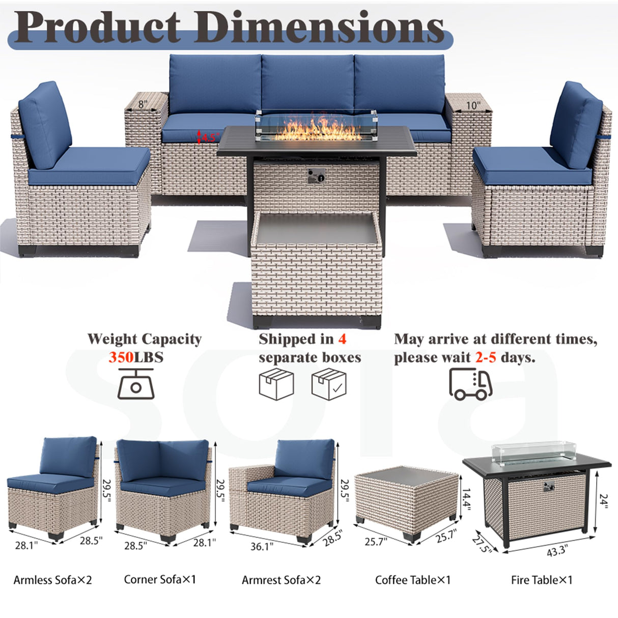 Aukreolis 7 Pieces Patio Furniture Set with Fire Pit Table, Outdoor Sectional Wicker Sofa with Thickened Cushions and Coffee Table, High Back Rattan Patio Conversation Sets, Navy Aukreolis