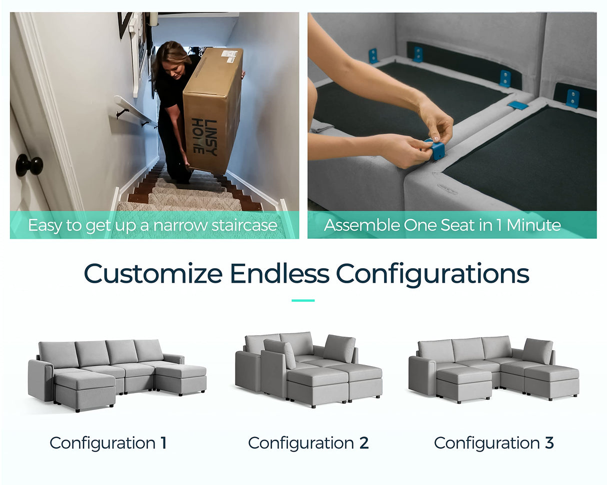 LINSY HOME Modular Sectional Sofa, Convertible U Shaped Sofa Couch with Storage, Memory Foam, Modular Sectionals with Ottomans, 6 Seat Sofa Set with Chaise for Living Room, Grey LINSY HOME