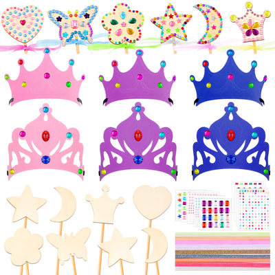 Chinco 55 Piece Princess Wands Kit Include Wooden Wands for Crafts, Gem Stickers, Ribbons, Foam Princess Tiaras and Wooden Crowns DIY Heart Butterfly Moon Wand Make Your Own Princess Wand for Kid Girl