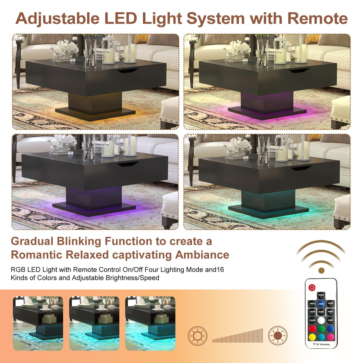 HedoAjim 30.7" Lift Top Coffee Table with Storage, Square Black Coffee Table for Living Room, Led Coffee Table with Large Hidden Storage, Wood Living Room Table Center Table for Dining Reception Room HedoAjim