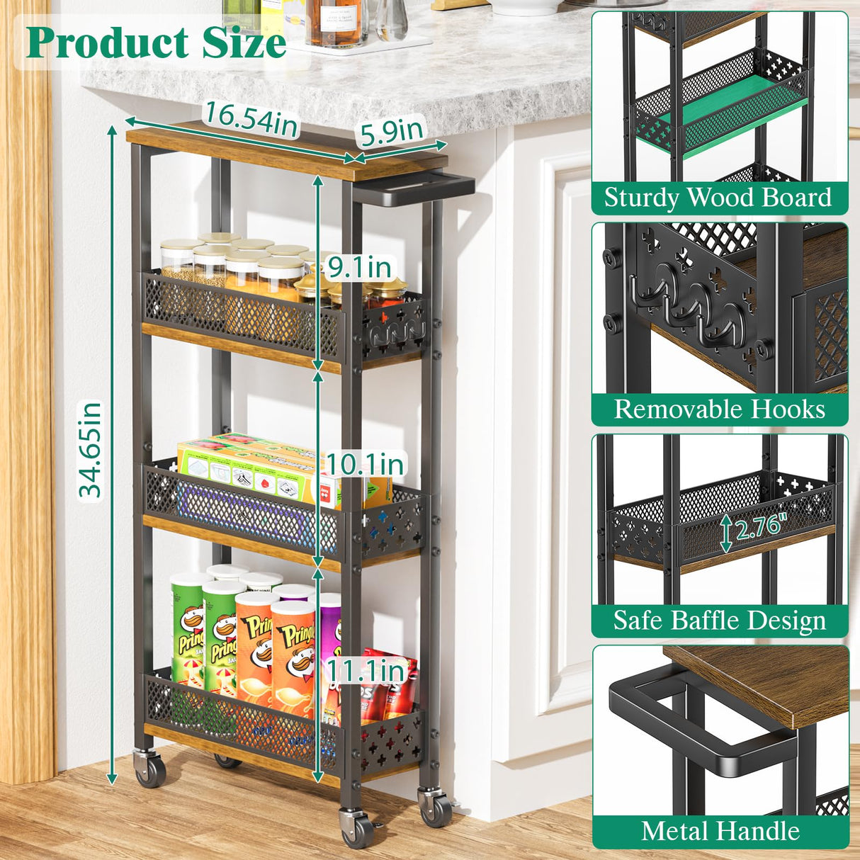 Giwil 4-Tier Slim Rolling Storage Cart for Kitchen Bathroom Organizer, Mobile Narrow Storage Cabinet Utility Cart with Wood Rack on Wheels for Pantry Laundry Small Space Giwil