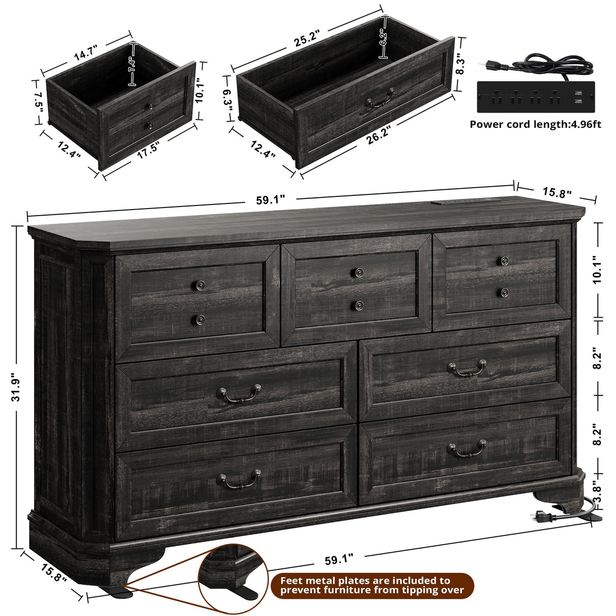 IRONCK Farmhouse 7 Drawers Dresser for Bedroom, 59" Long Dresser with Charging Station, Natural Texture, Vintage Design, for Bedroom, Charcoal IRONCK