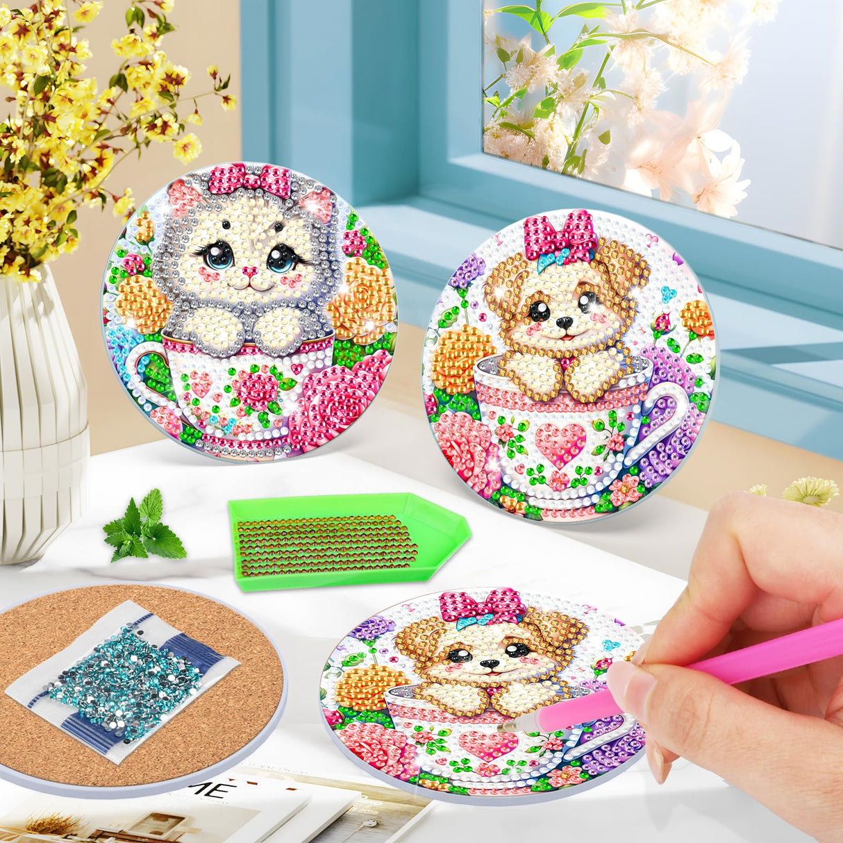 Bowetile 6PCS Flowers Diamond Art Painting Coasters Kit with Holder, Cat Diamond Art Kits for Adults Beginners, Dog Gem Art Kits for Adults, Arts and Crafts Kits for Adults for Home Decor Bowetile