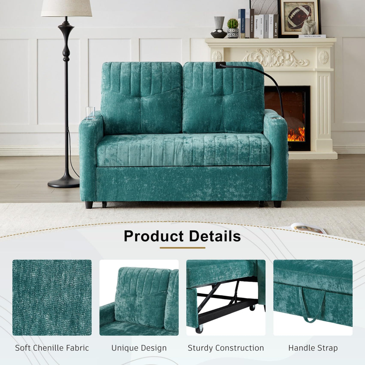 Merax 54" Convertible Sleeper Sofa Bed, Chenille 3-in-1 Pull Out Futon Couch Loveseat with Adjustable Backrest, 2 Cup Holders, Phone Stand, 3 Charging Ports and Storage Pockets for Living Room, Teal Merax