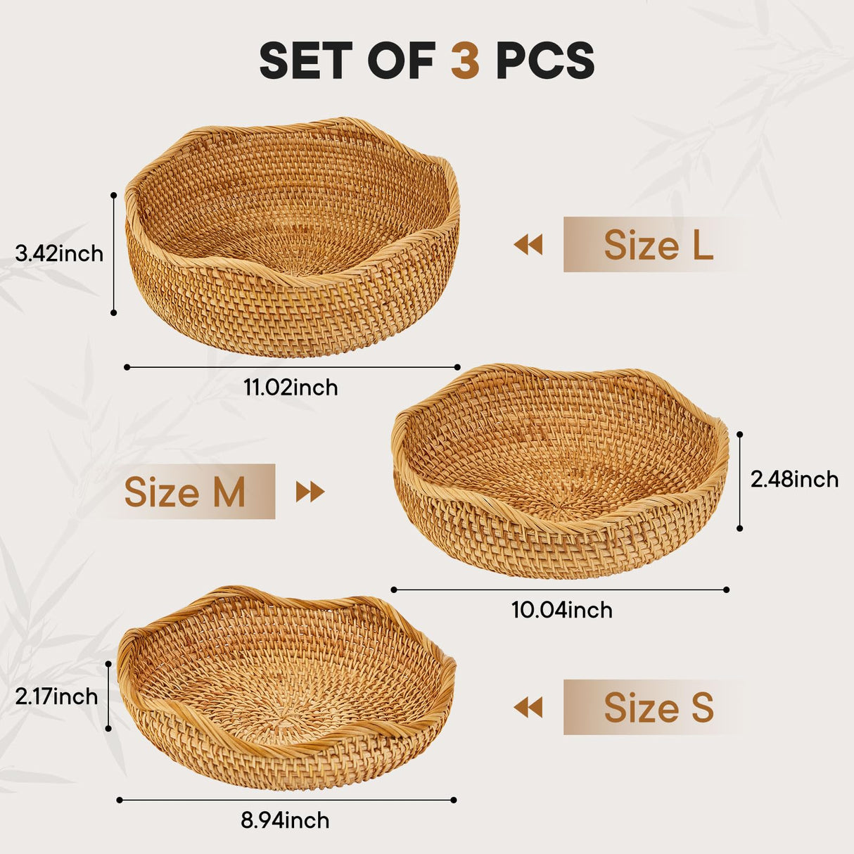 3 Pack Natural Rattan Round Fruit Basket Bowls,Rattan Bread Basket,Woven Serving Basket Bowls,Organizing Handmade Rattan Storage Baskets for Kitchen, Home, set of 3 Size JINSHIYANG