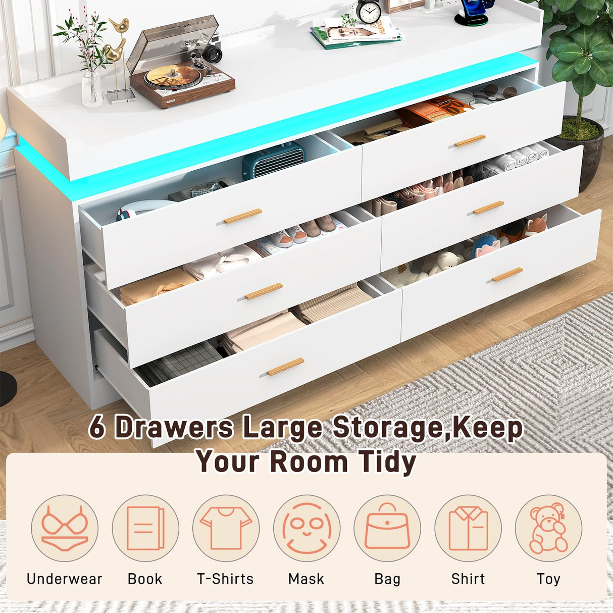 Hlivelood 6 Drawer Dresser with LED Light and Charging Station, 59" Modern Chest of Drawers for Closet, Wide Drawer Organizer Cabinet for Bedroom, Living Room, Entryway, Hallway, White Hlivelood