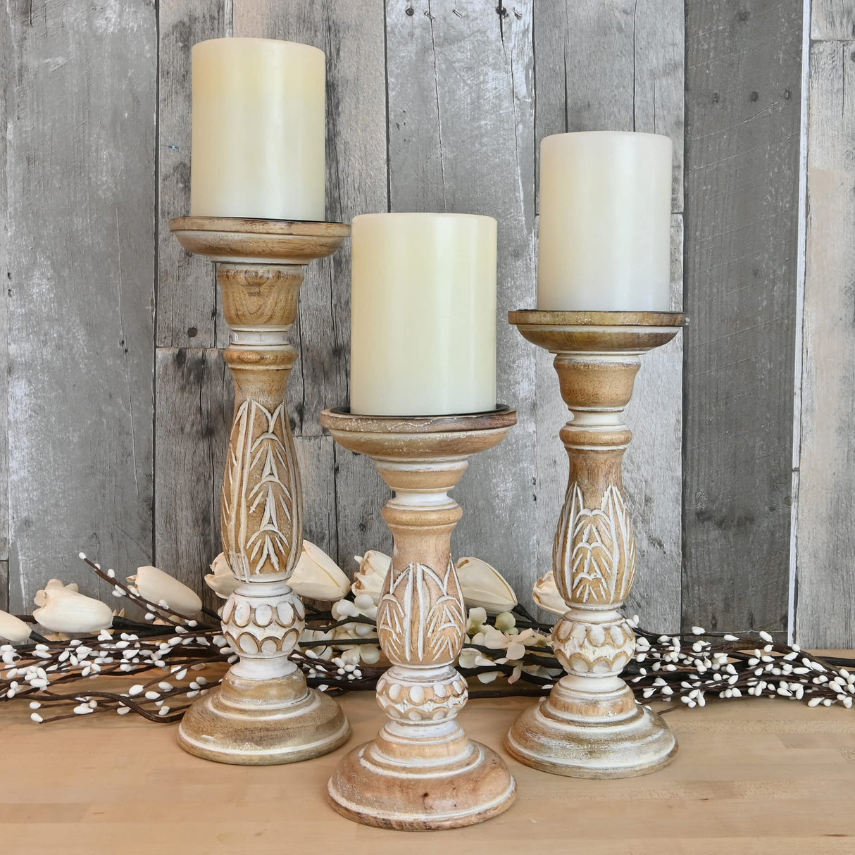 Boston Warehouse Natural Wood Pillar Candle Holder, 3 Piece Set, Distressed Whitewash Boston Warehouse