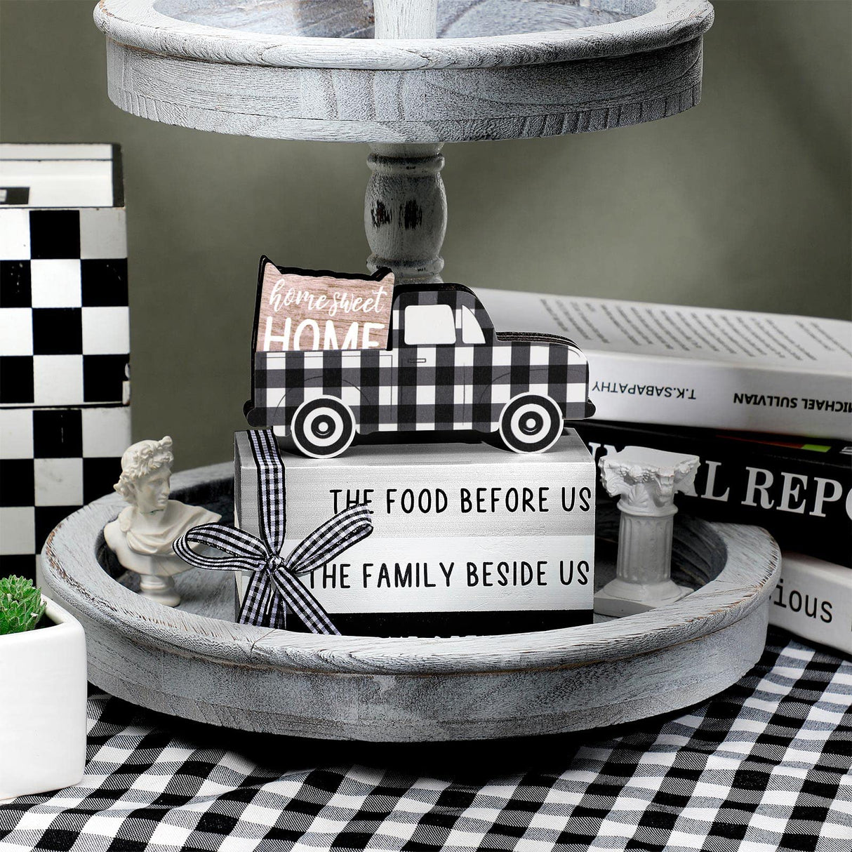 Jetec 4 Pcs Farmhouse Wooden Tabletop Decor Farmhouse Rustic Tiered Tray Decor Home Sweet Home Centerpiece Black and White Truck Buffalo Plaid Tabletop Sign for Kitchen Shelf Desk Decoration Jetec