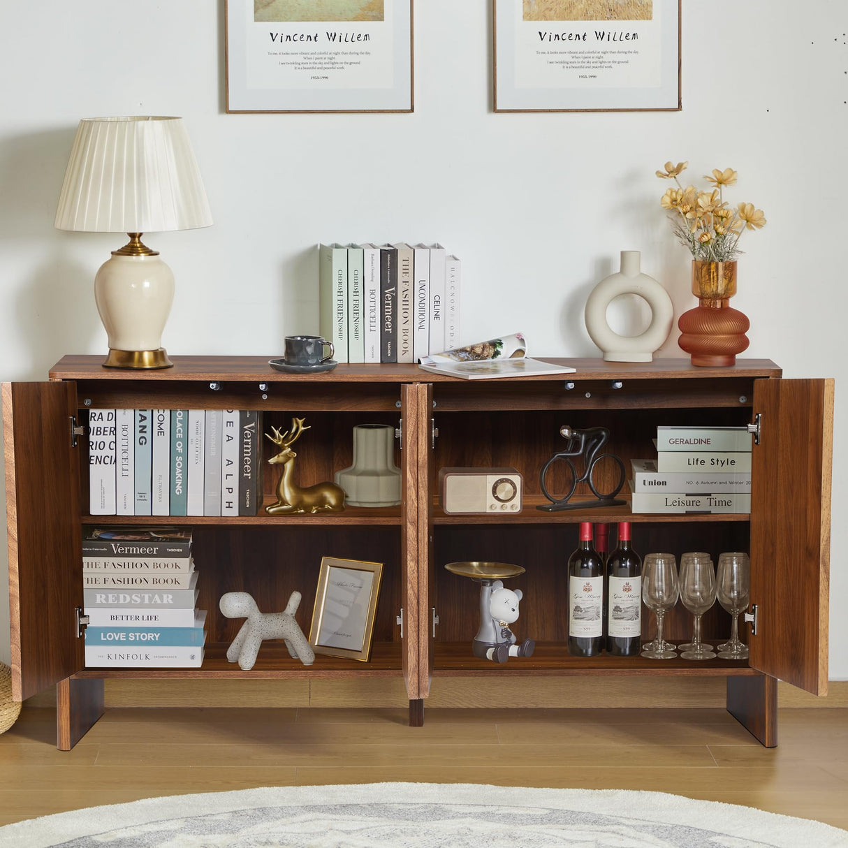 Sideboard Buffets Cabinet, Modern Accent Storage Cabinet with 4 Fluted Doors and Adjustable Shelves, Wood Credenza Buffet Sideboards, Console Table for Kitchen Dining Living Room Entryway (Walnut) XUZENEST