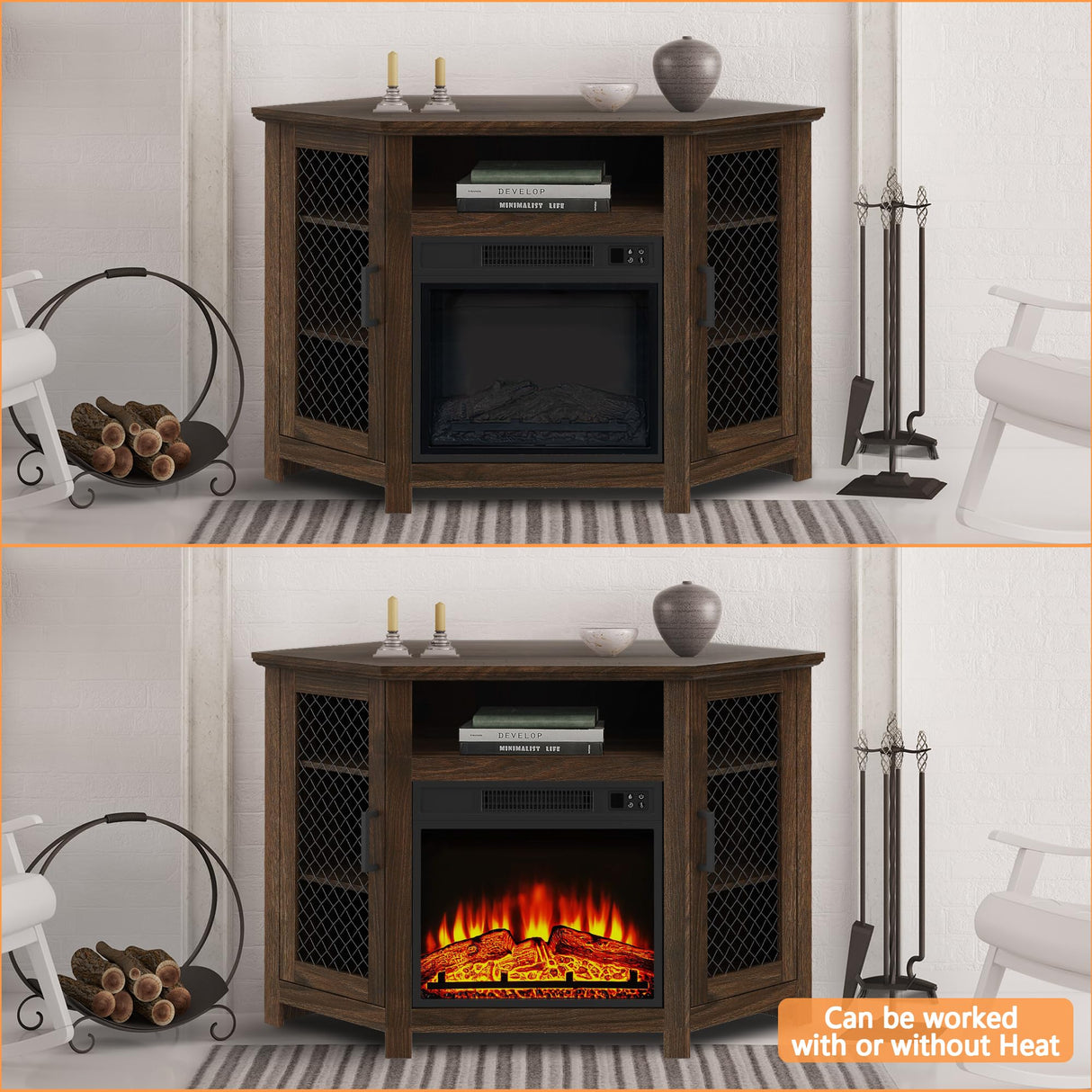 COMEFFIE 45" Corner TV Stand with 18" Fireplace Insert, Electric Fireplace Entertainment Center with Adjustable Shelves, Modern TV Stand Fit TVs up to 55 Inches for Living Room, Bedroom (Brown) COMEFFIE