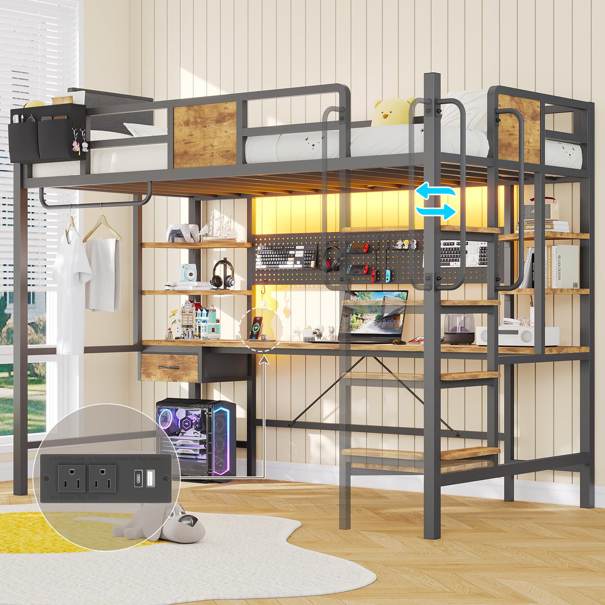 Dnxao Loft Bed Twin Size with Desk,Twin Loft Bed with Storage Organizer,LED Lights and Charging Station, Bunk Bed with Desk, Space Saving, Noise Free, No Box Spring Needed,Rustic Brown Dnxao