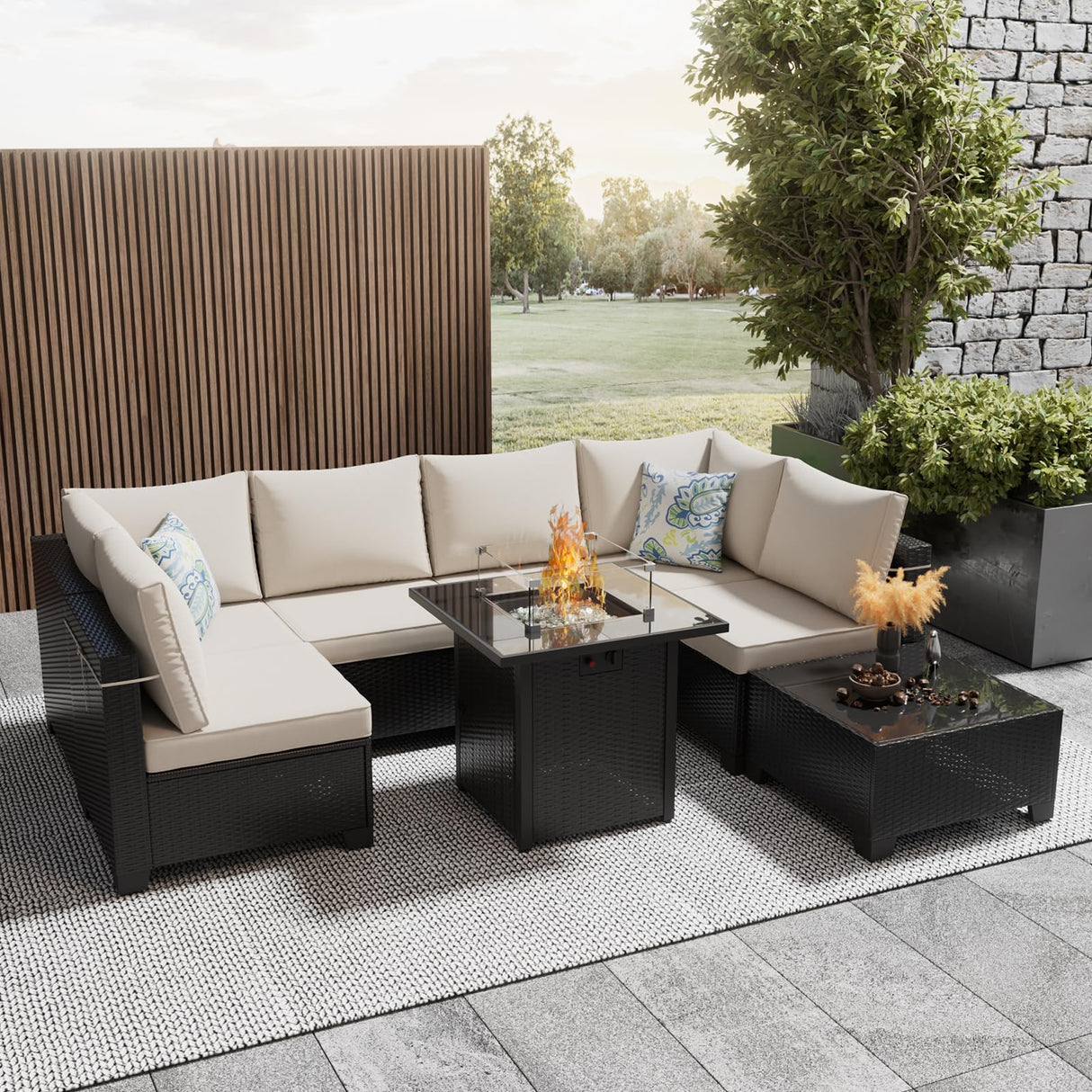 Ophelian 8 Pieces Outdoor Sectional Furniture, Rattan Wicker Patio Sofa Couch with 28in Gas Fire Pit Table,Conversation Sets for Backyard,Garden, Deck, (Coffee/Beige) Ophelian