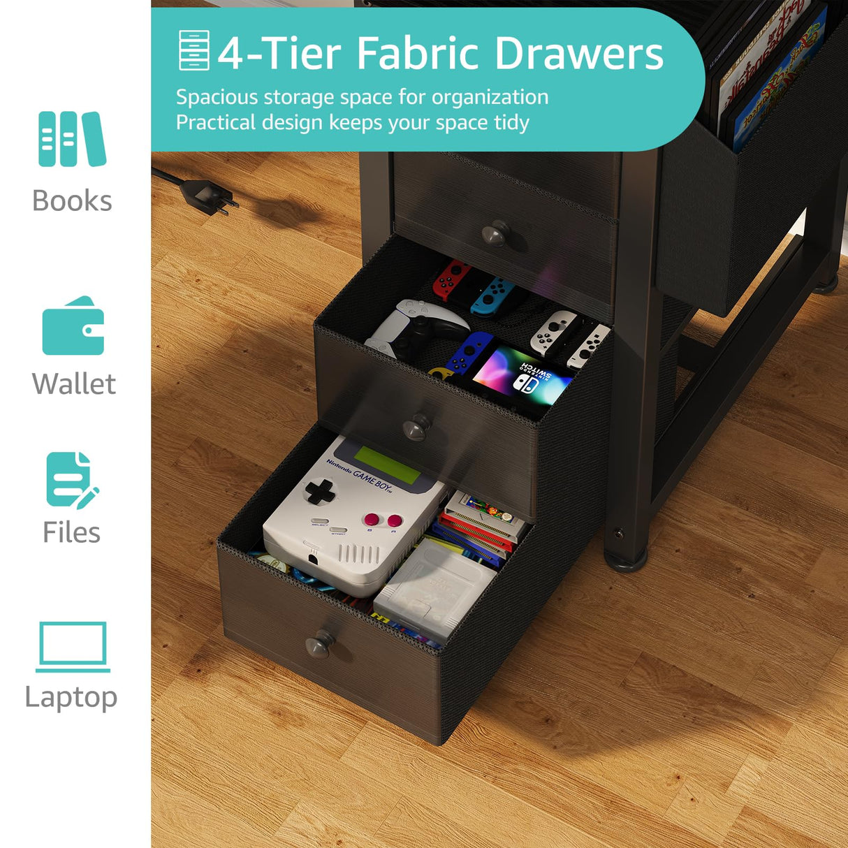 Lufeiya L Shaped Gaming Desk with Drawers & Storage Shelves, 55 Inch Corner Computer Desk with Power Outlet for Home Office Bedroom, L-Shaped Teen PC Desks with Fabric Drawer, Black Lufeiya