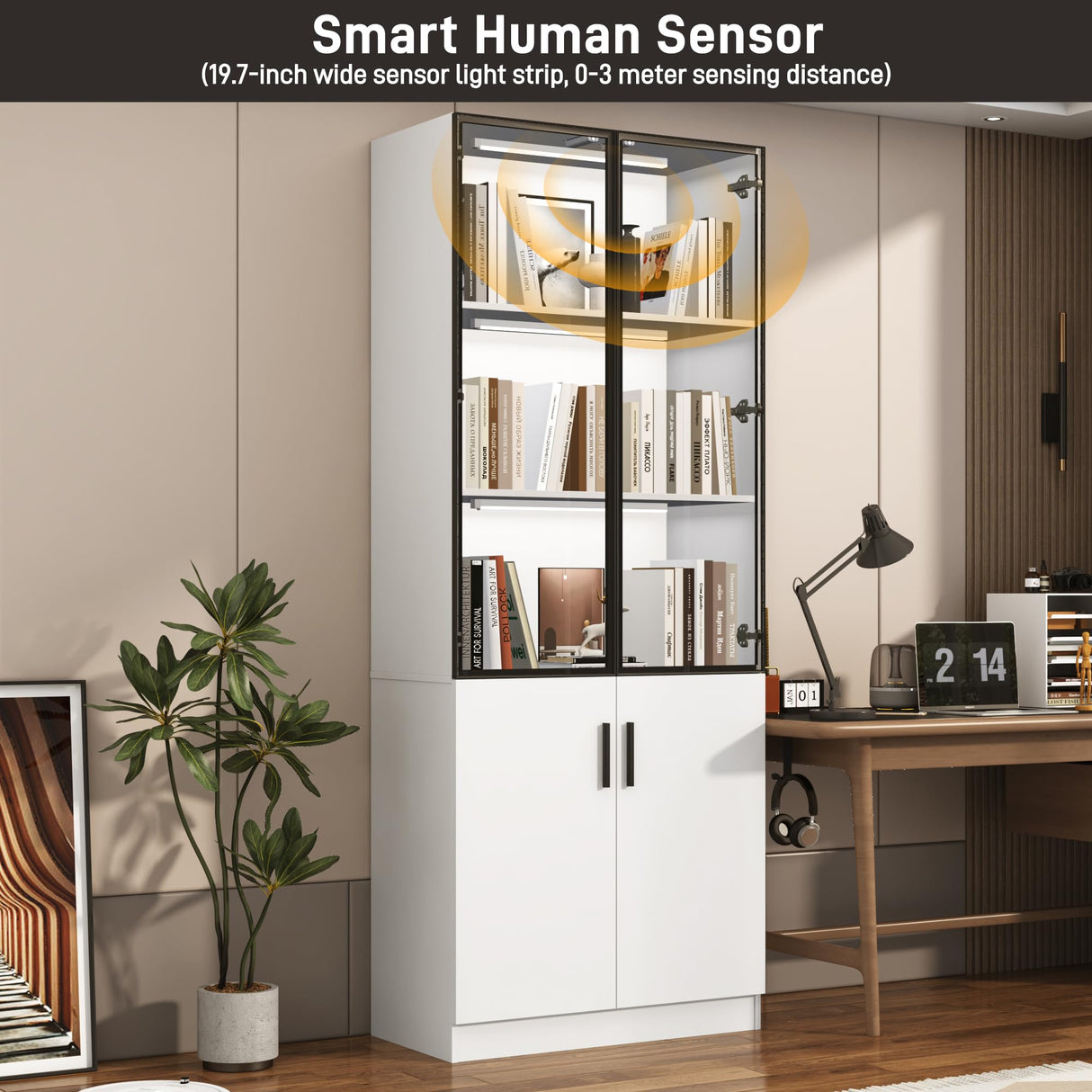 chartustriable 79" Tall Display Cabinet with LED Sensor Light & Pop-up Glass Doors, Modern Bookcase Curio Storage Cabinet for Bedroom, Living Room, Office, White chartustriable