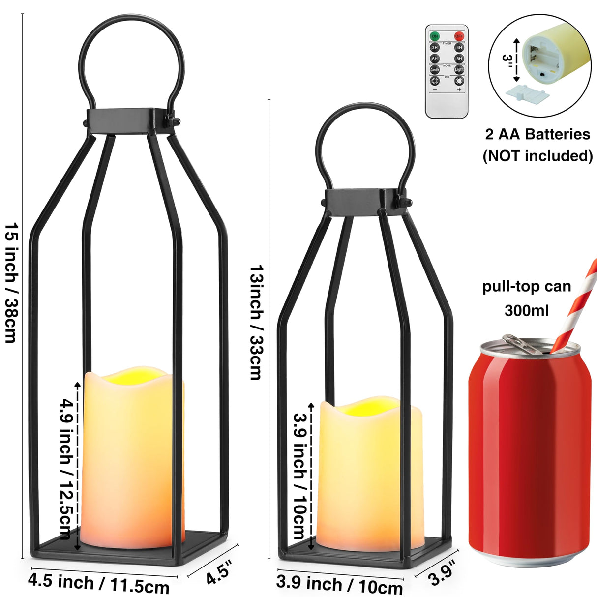 Perfnique Modern Farmhouse Lantern Decor, 15'' 13'' Set of 2 Black Metal Lantern, 2 LED 6hr Timer Flameless Candles & Remote Timer, Lanterns Decorative for Outdoor, Home, Indoor, Patio, Christmas PERFNIQUE