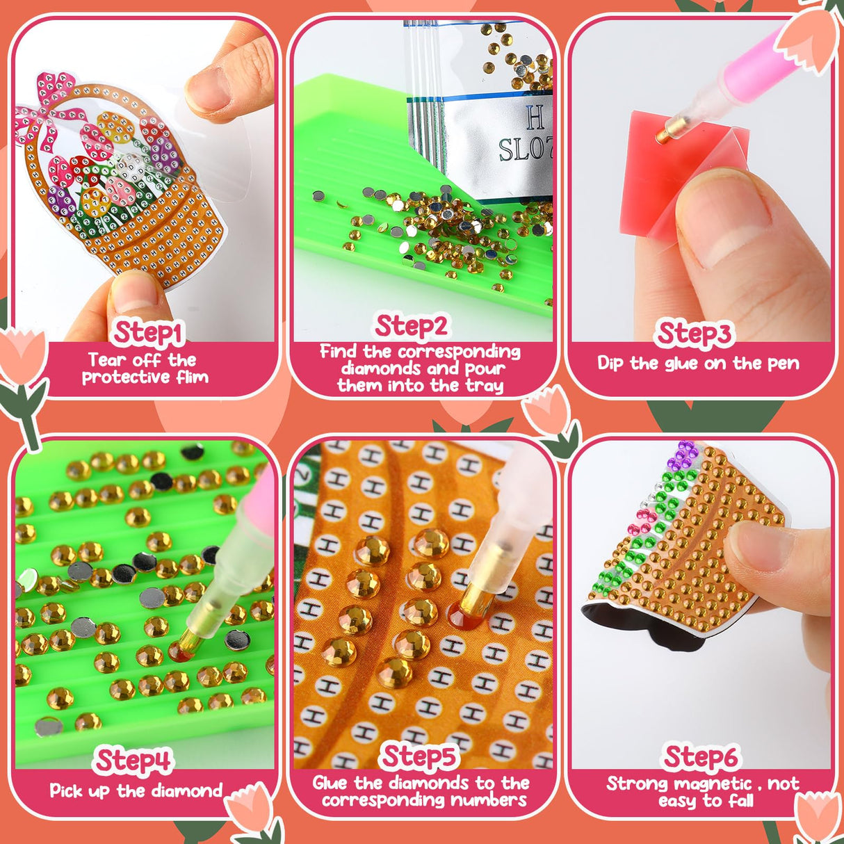 Saillong 20 Pcs Tulip Diamond Painting Magnets Spring Diamond Art Magnets Kits Refrigerator Magnetic Stickers for Fridge Home Adults DIY Crafts Saillong