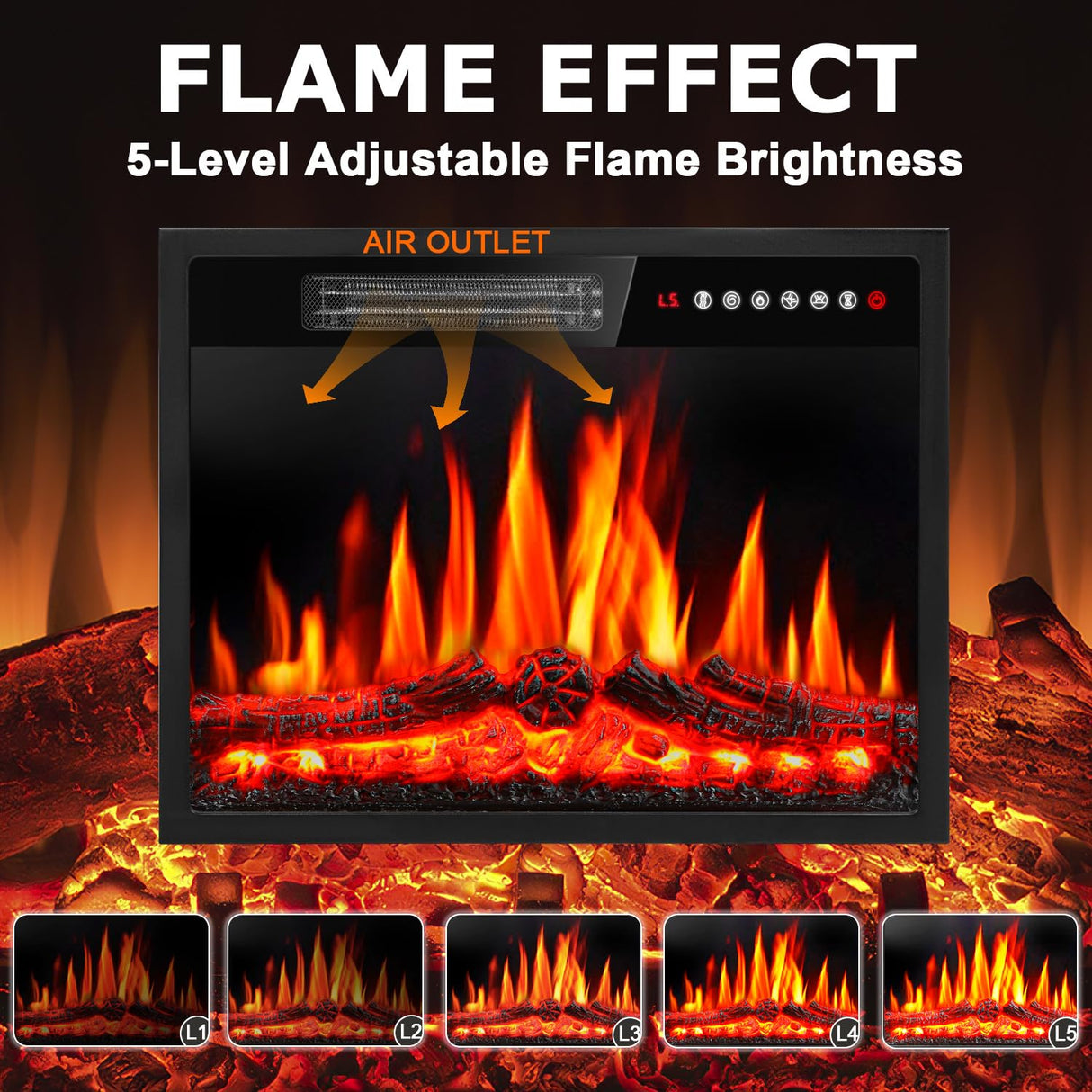 PRETZI 23 inch Electric Fireplace Insert Heater, Recessed Mounted Fireplace with Remote Control & Touch Screen, Adjustable LED Flame Effects, Small Electric Stove for TV Stand, 750/1500W PRETZI