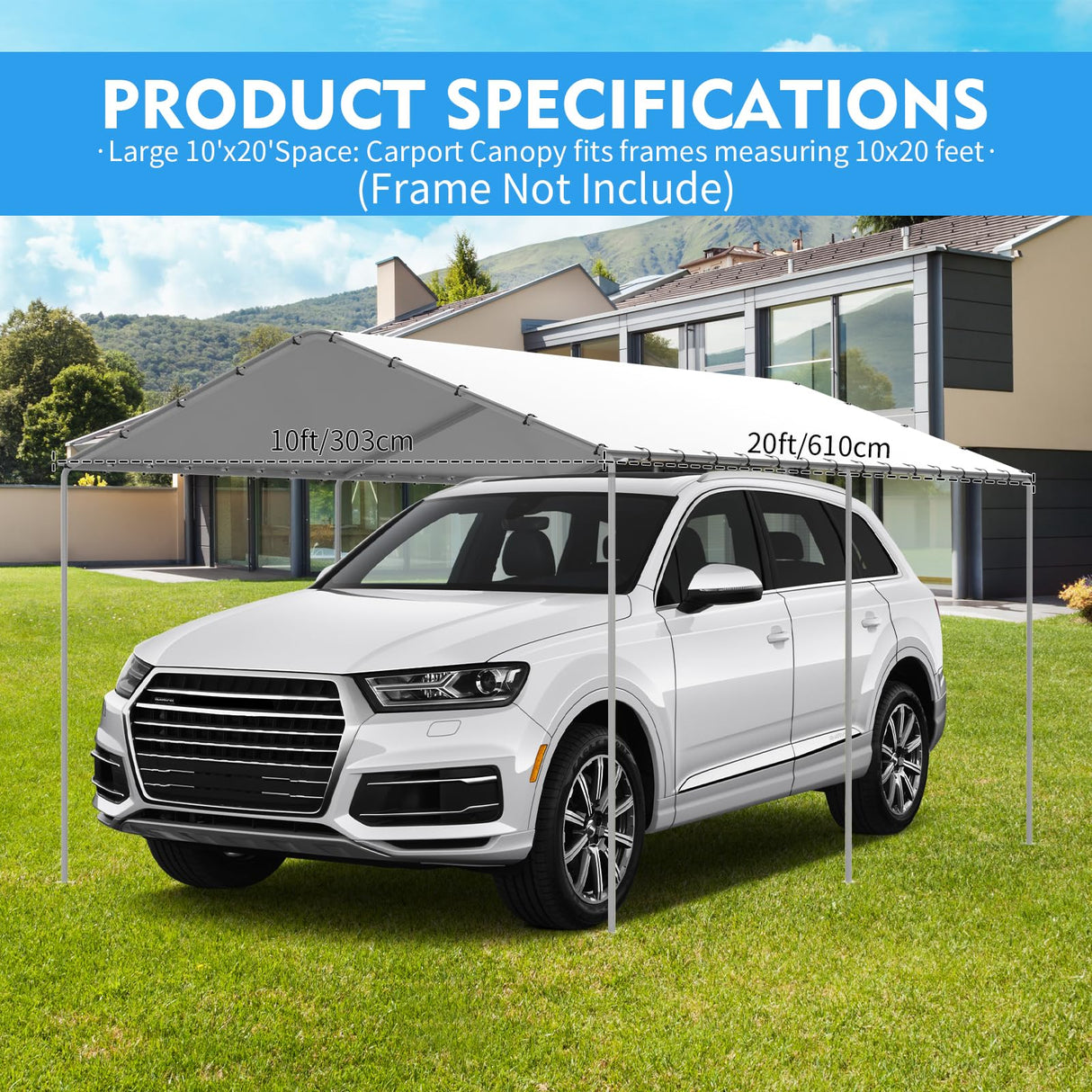 10 x 20 ft Canopy Replacement Cover for Carport, Heavy Duty Waterproof & UV Protected Garage Top Tent Shelter Tarp, Tear-Resistant Car Shed Tarpaulin Cover with 48 Ball Bungees (Cover Only) Elecoman