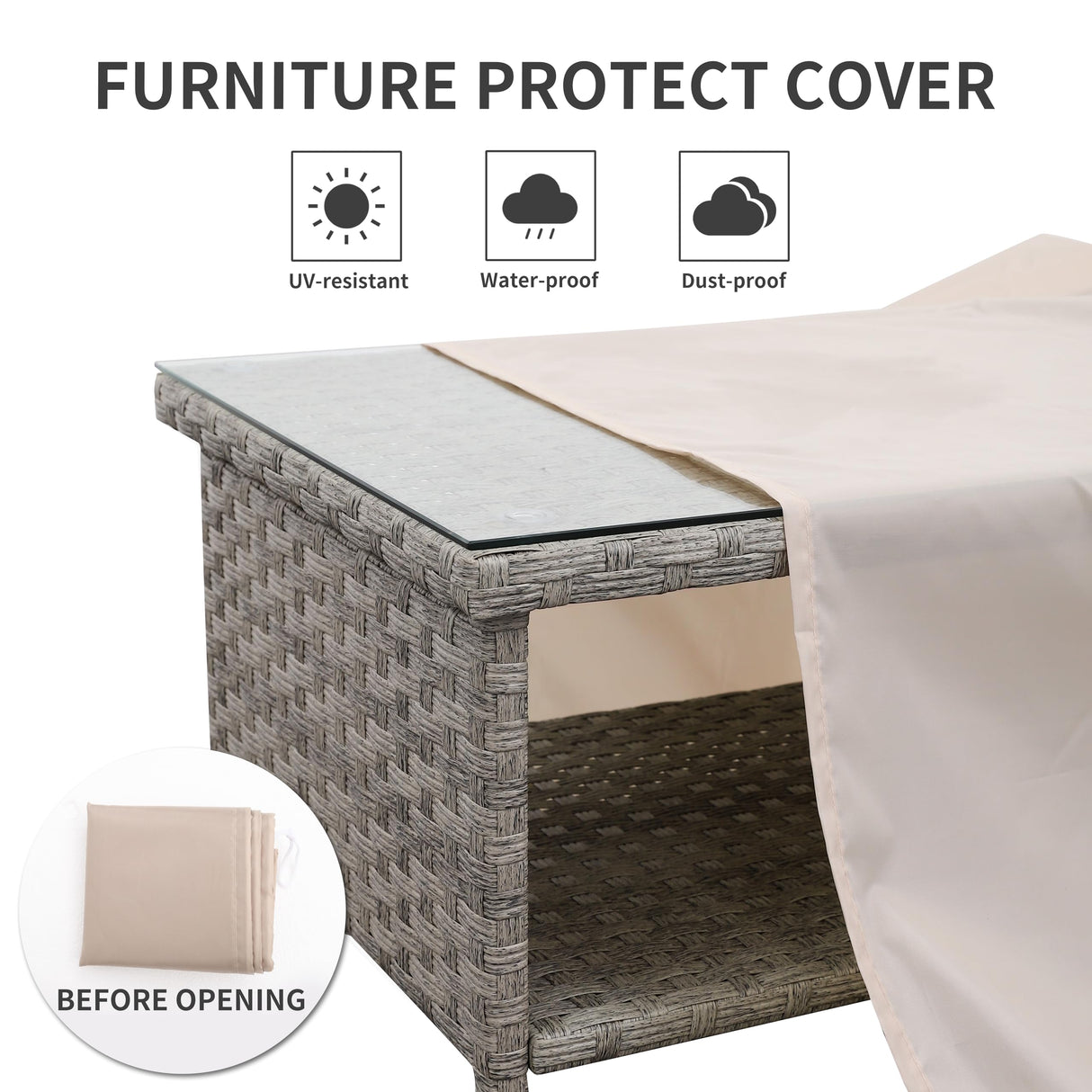 WAROOM Outdoor PE Wicker Coffee Table - Patio Rattan Garden Side End Tea Table with Glass Top Furniture, Grey WAROOM